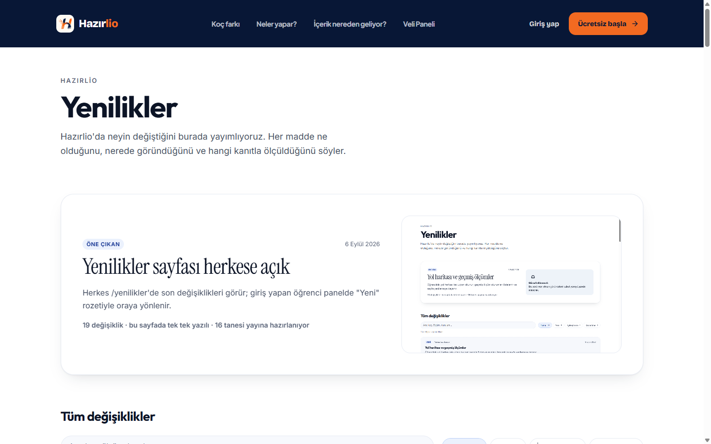 Yenilikler sayfası herkese açık